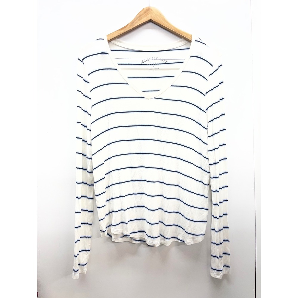 Aeropostale Seriously Soft Perfect V-Neck Striped Long Sleeve Tee‎ Cream Blue L